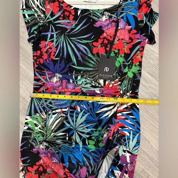 Allison Tropical Floral Leaf Print Ruched Sheath Dress Short SleeveWomen’s 38/12 - Picture 12 of 12